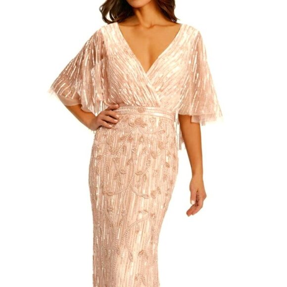 Mac Duggal Blush Sequin Flutter Cape Sleeve Mermaid Gown - Picture 1 of 5